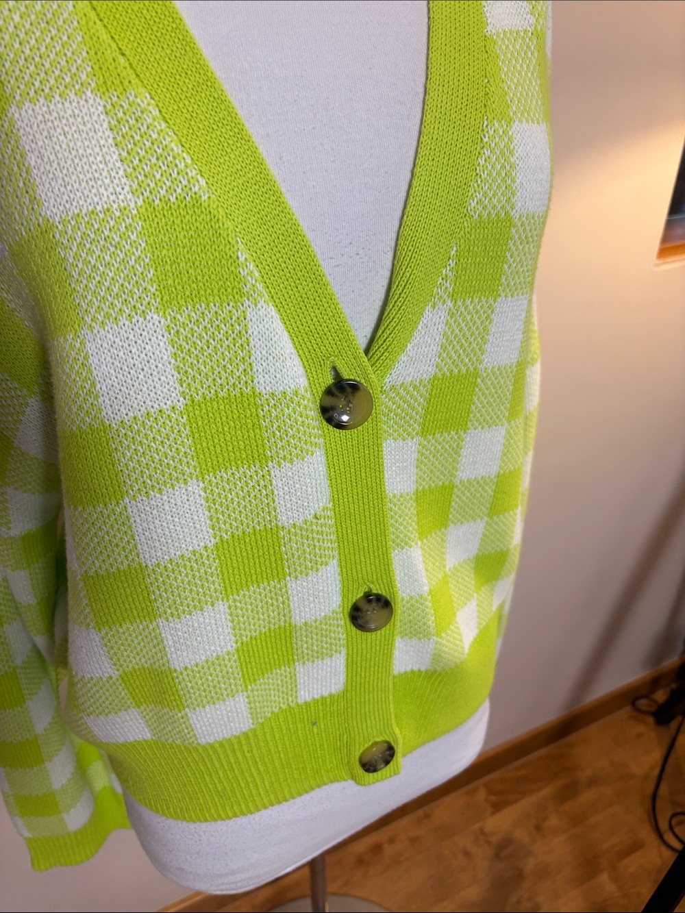 bp Lime Green and White Check V-Neck Cardigan - Picture 3 of 4